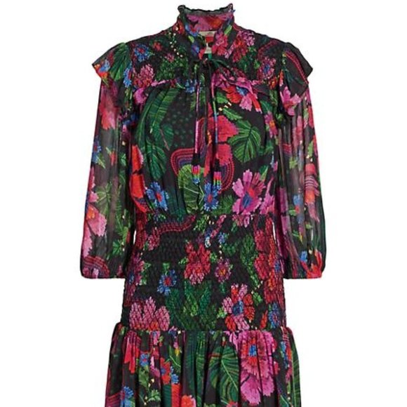 Farm Rio NWOT Blooming Garden Floral Smocked Minidress Size Small - Picture 6 of 7